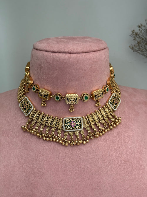 Antique Gold imitation double Necklace Set