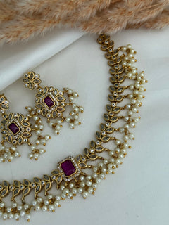 Emerald Ruby Pearl Necklace Set