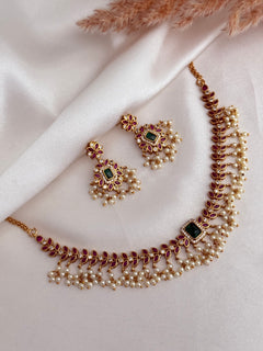Emerald Ruby Pearl Necklace Set