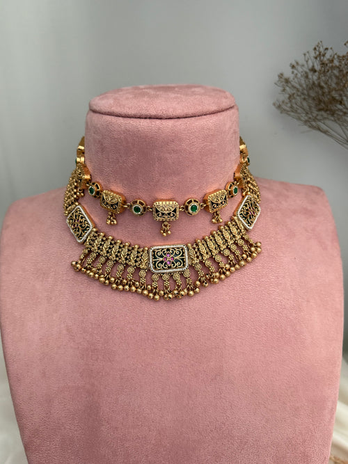 Antique Gold imitation double Necklace Set