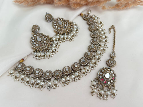 Mirror pearl choker/Necklace Set