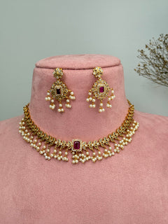 Emerald Ruby Pearl Necklace Set