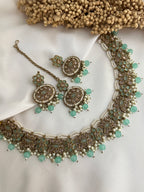 Antique Gold Polki Necklace Set - Front|color:Red