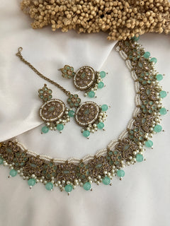 Antique Gold Polki Necklace Set - Front|color:Red