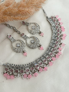 Pink Silver Polki Necklace Set