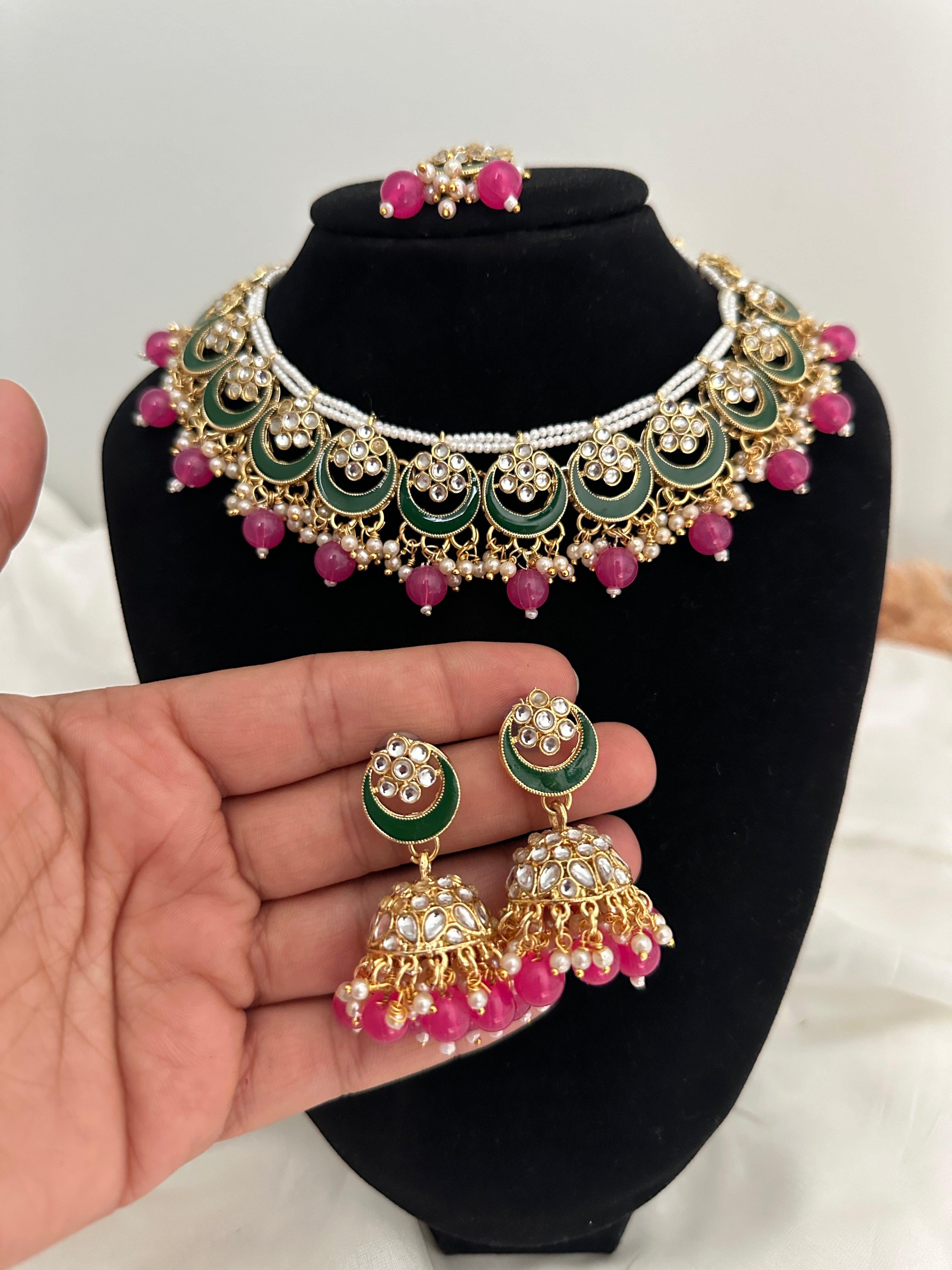 Hot Pink Kundan Necklace Set - Main Image