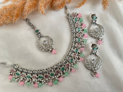 Pink Mint Silver Polki Necklace Set