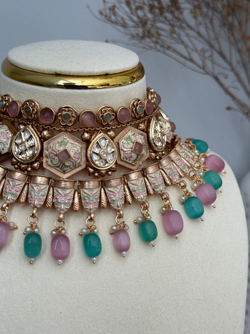Pink & Mint Bridal Gold Necklace Set
