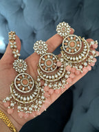 Peach Kundan Earrings Tikka Set