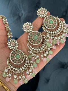 Pink & Mint Kundan Earrings Tikka Set