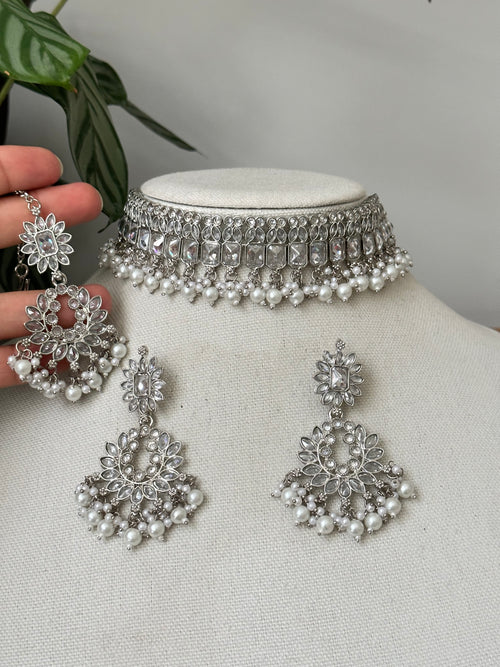 Pearl Silver Polki Choker Set