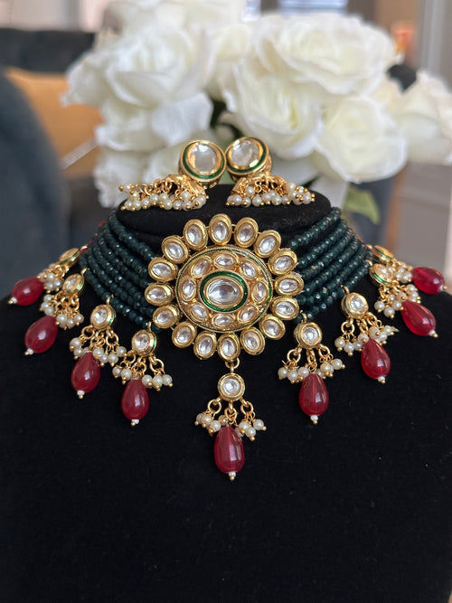 Red and Green Kundan Choker Set