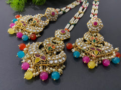Multi-Colour Kundan Earrings Tikka Set