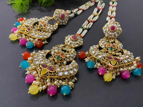 Multi-Colour Kundan Earrings Tikka Set