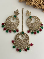Red & Green Chandbali Polki Tikka Set