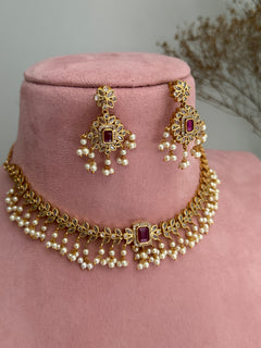 Emerald Ruby Pearl Necklace Set
