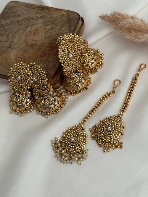 Gold imitation jhumka x Tikka Set