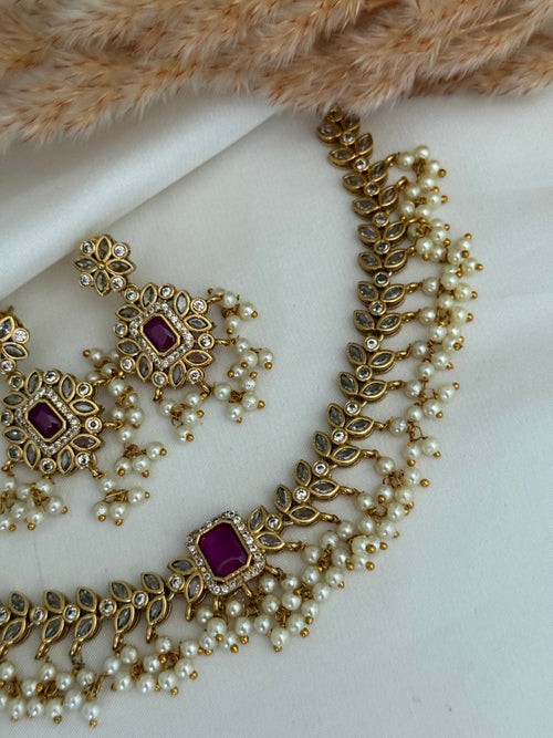 Emerald Ruby Pearl Necklace Set