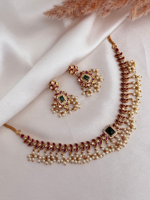 Emerald Ruby Pearl Necklace Set
