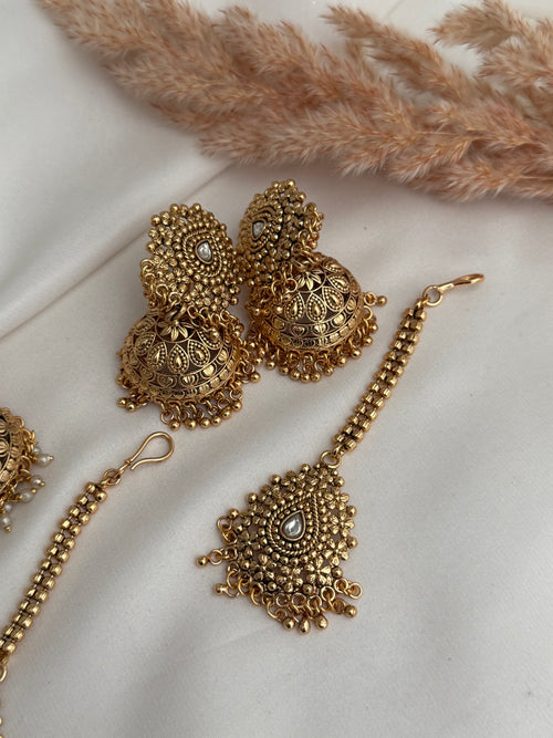Gold imitation jhumka x Tikka Set
