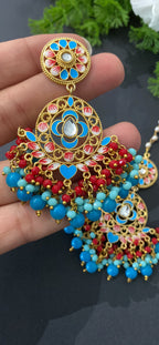 Blue and Red Meenakari Earrings Tikka Set