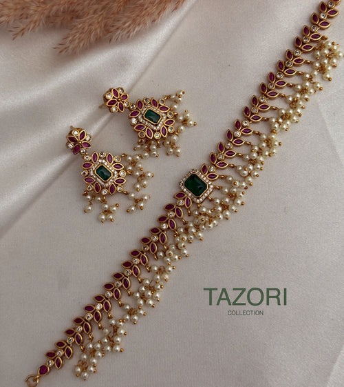 Emerald Ruby Pearl Necklace Set