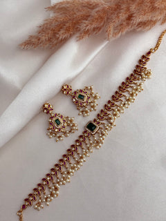 Emerald Ruby Pearl Necklace Set