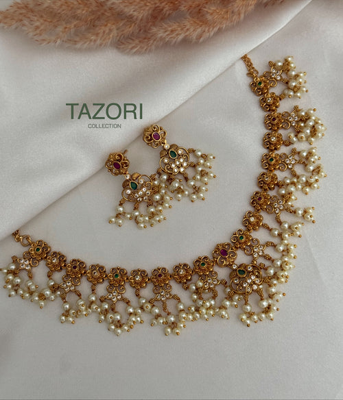 Ruby Pink and Green Gold Choker Set