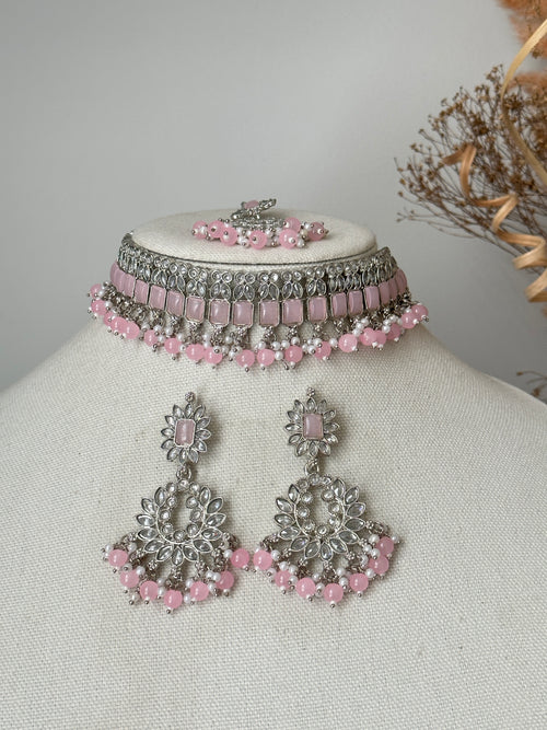 Pink Silver Polki Choker Set