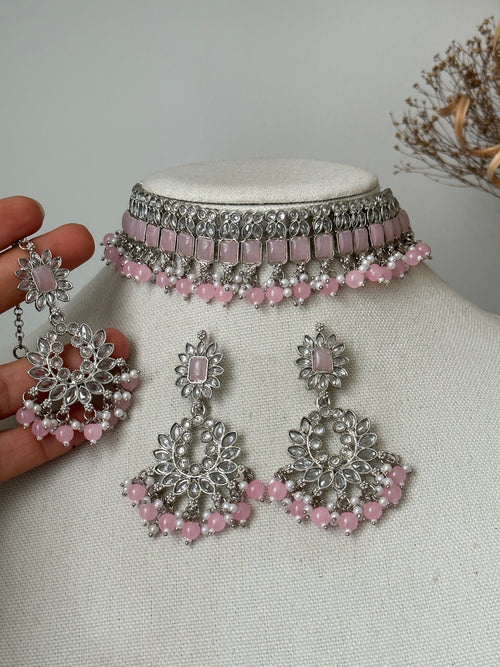 Pink Silver Polki Choker Set