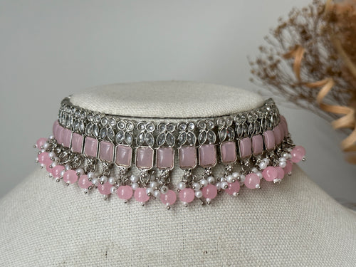 Pink Silver Polki Choker Set