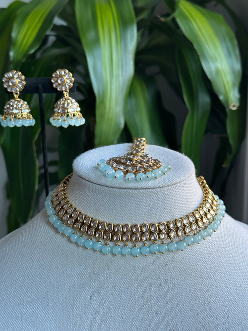 Baby Blue Sleek Kundan Necklace Set