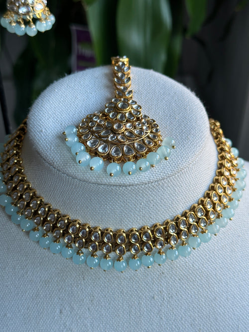 Baby Blue Sleek Kundan Necklace Set