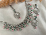 Pink Mint Silver Polki Necklace Set