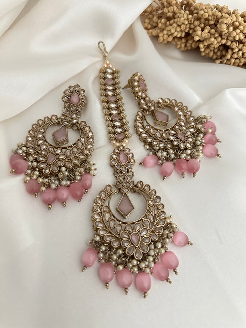 Baby Pink Polki Earrings Tikka Set