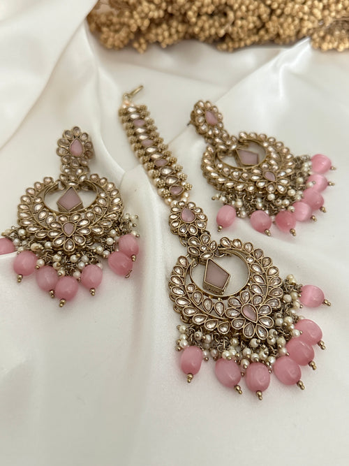 Baby Pink Polki Earrings Tikka Set