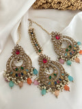 Multi-Colour Polki Earrings Tikka Set