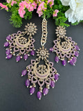 Purple Polki Earrings Tikka Set