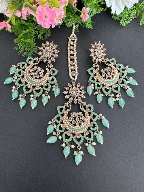 Light Green Polki Earrings Tikka Set