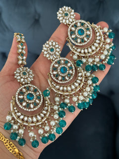 Aqua Green Kundan Earrings Tikka Set