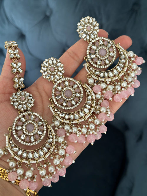 Baby Pink Kundan Earrings Tikka Set