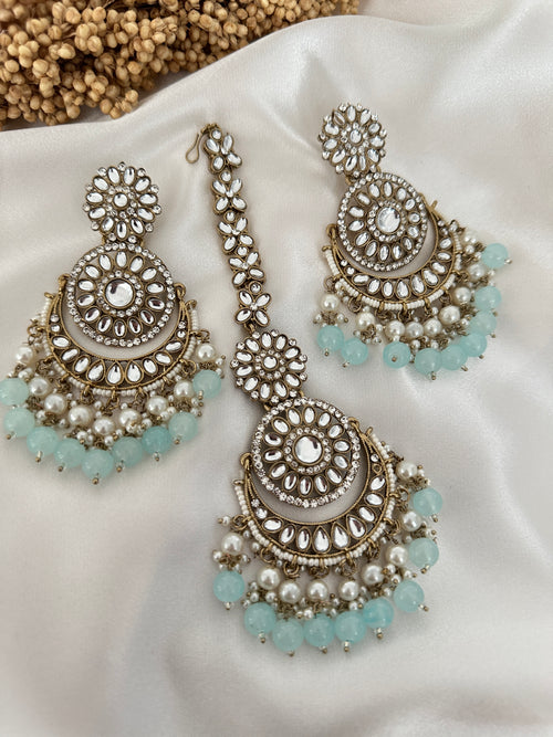 Blue Kundan Earrings Tikka Set