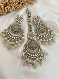 Pink & Mint Kundan Earrings Tikka Set