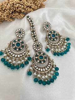 Aqua Green Kundan Earrings Tikka Set