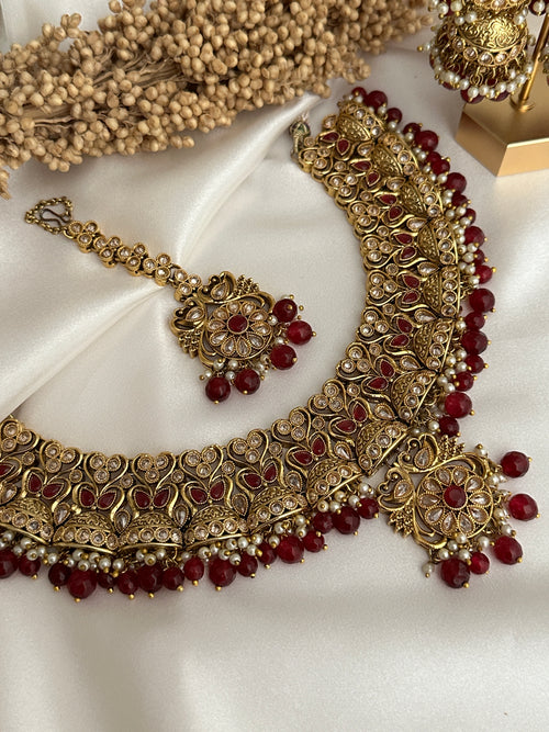 Bridal Maroon Antique Gold Necklace Set