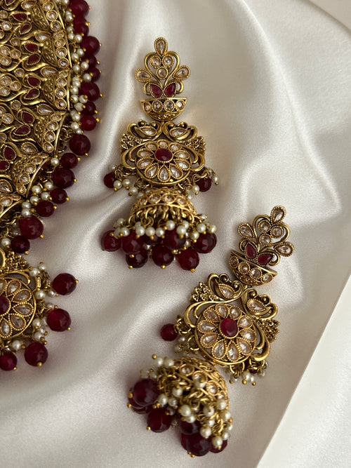 Bridal Maroon Antique Gold Necklace Set