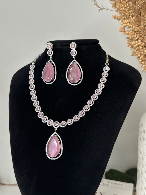 Pink American Diamond Necklace Set