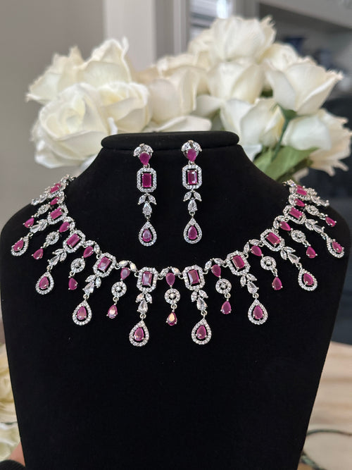 Ruby Pink American Diamond Necklace Set – Tazori Collection