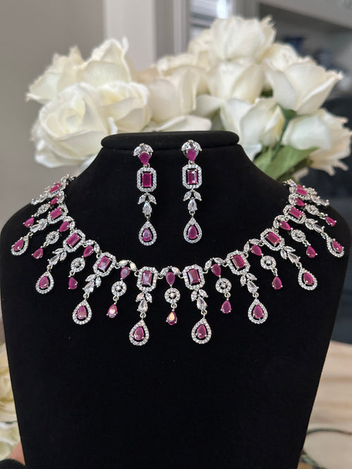 Ruby Pink American Diamond Necklace Set