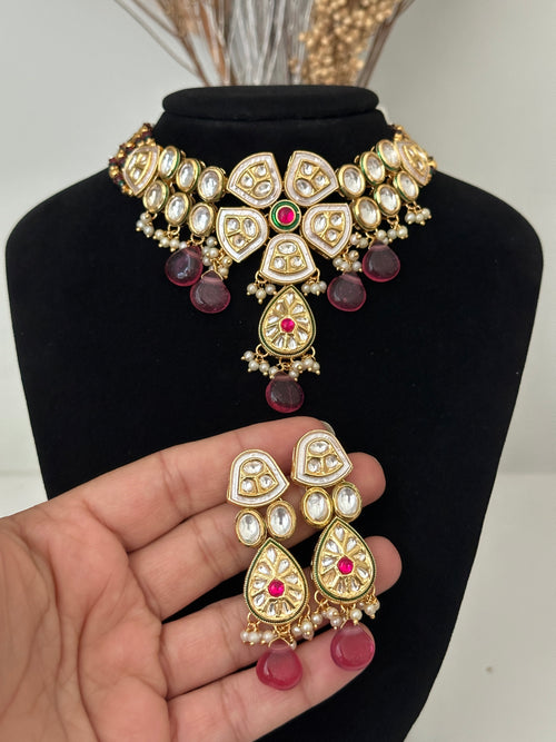 Green and Rani Pink Pachi Kundan Choker Set